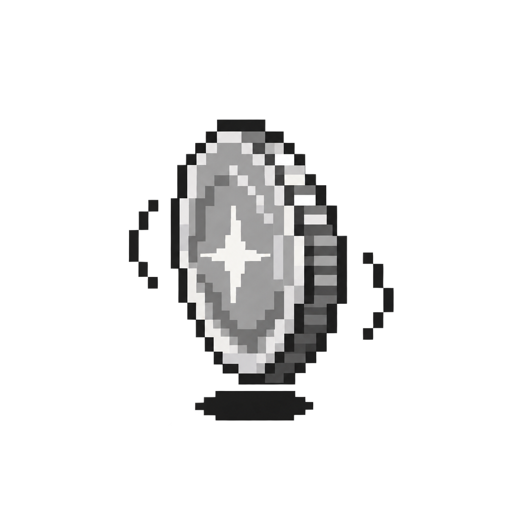 Pixel-art silver coin turning in the air
